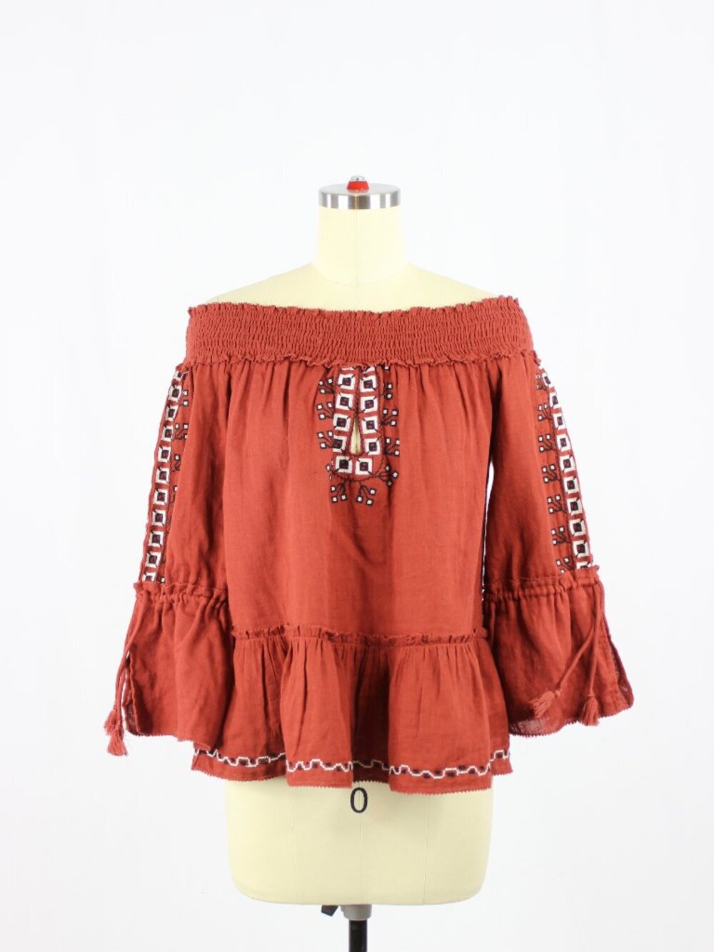 SAYLOR Rust Brown 100% Cotton Gauze Embroidered Off The Shoulder Blouse, Size M